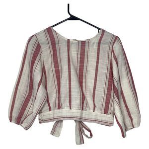 Love J Shirt Size Medium Ivory Red Striped Cropped Tie Back Button